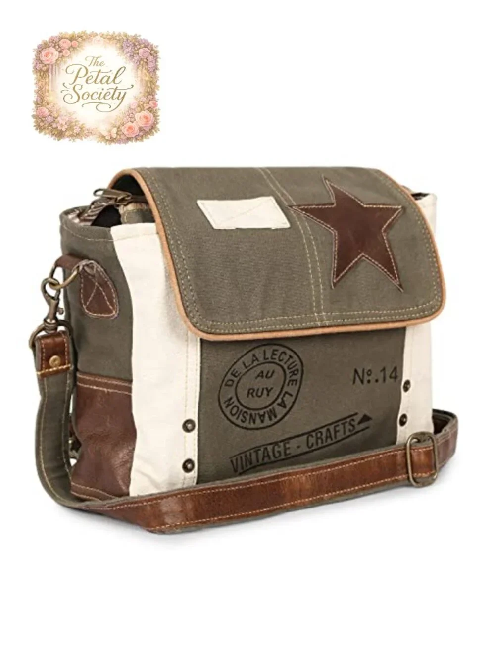 Vintage Leather Trim Canvas Shoulder Bag with Star Accent Top Zip